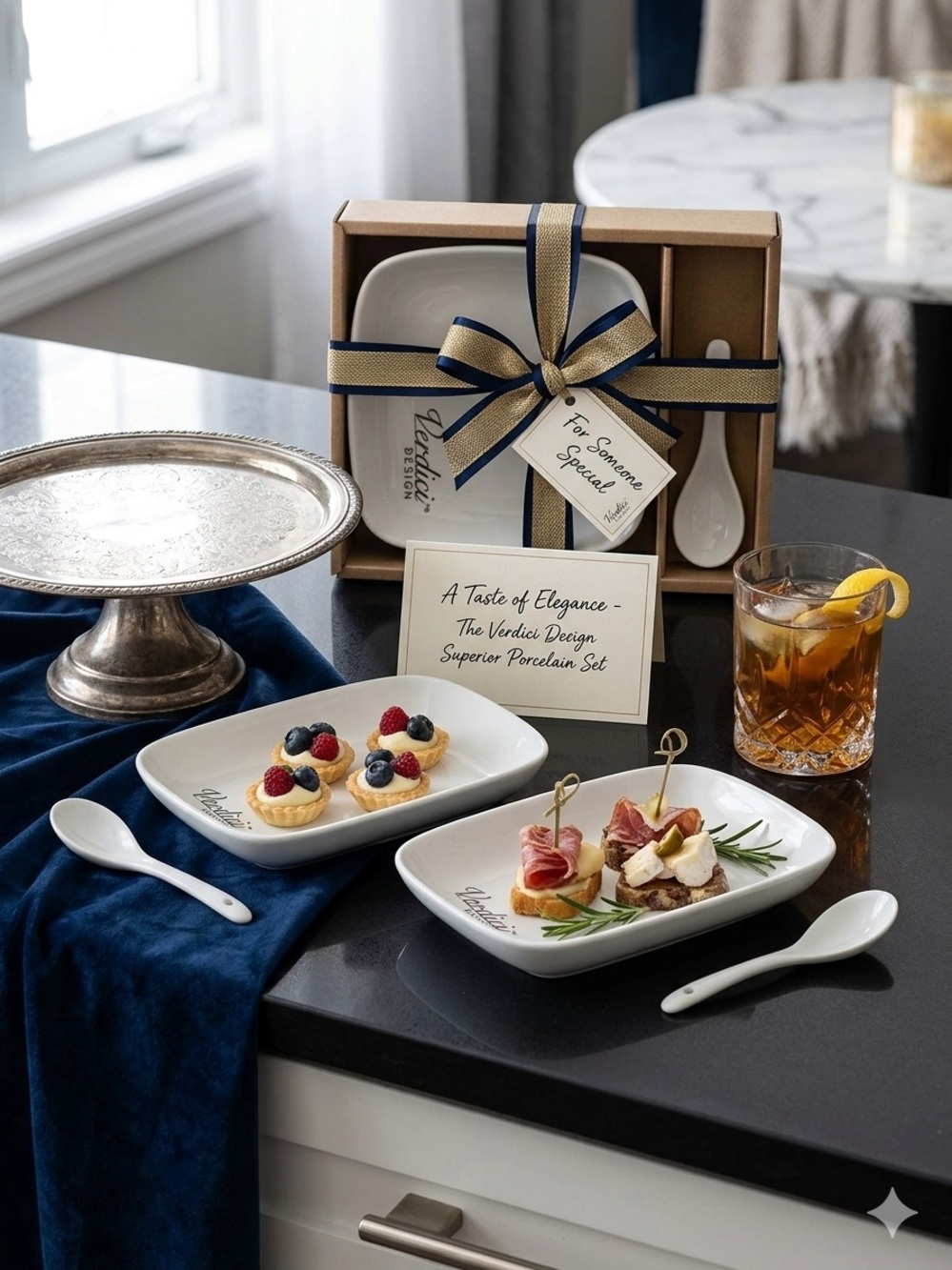 NIB Verdici Design Superior Porcelain 4-Piece Appetizer & Dessert Set - White